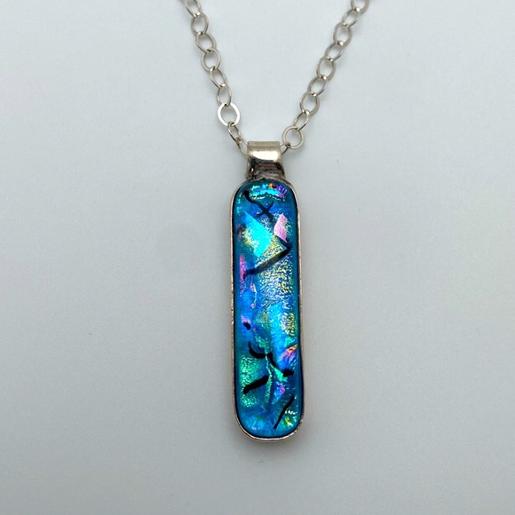 925 Sterling Silver Jewelry - 925 Sterling Silver Dichroic Glass Pendant Necklace